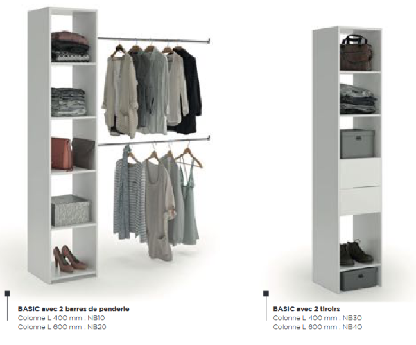 Basic - Cet aménagement se compose d’une colonne de 400 mm ou de 600 mm et de tablettes
fixes et modulables. Il se décline en 2 versions 